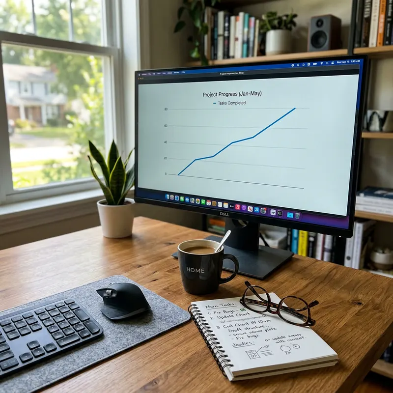 A simple desk with a monitor showing a line chart