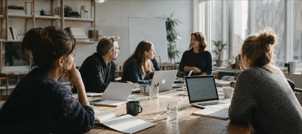 A small group in a bright studio discussing charts around a wooden table