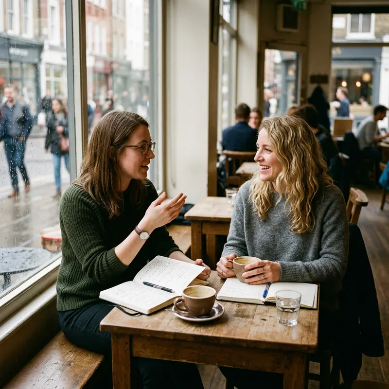 Two people in a one to one conversation over coffee