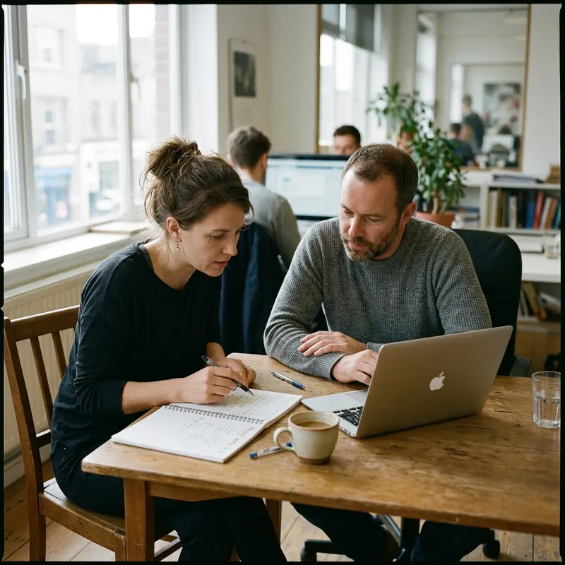 Two people reviewing notes together at a desk